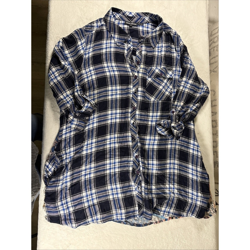 Tolani Collection SZ 1X Art-to-Wear Romantic Flowy Button Down Plaid Floral
